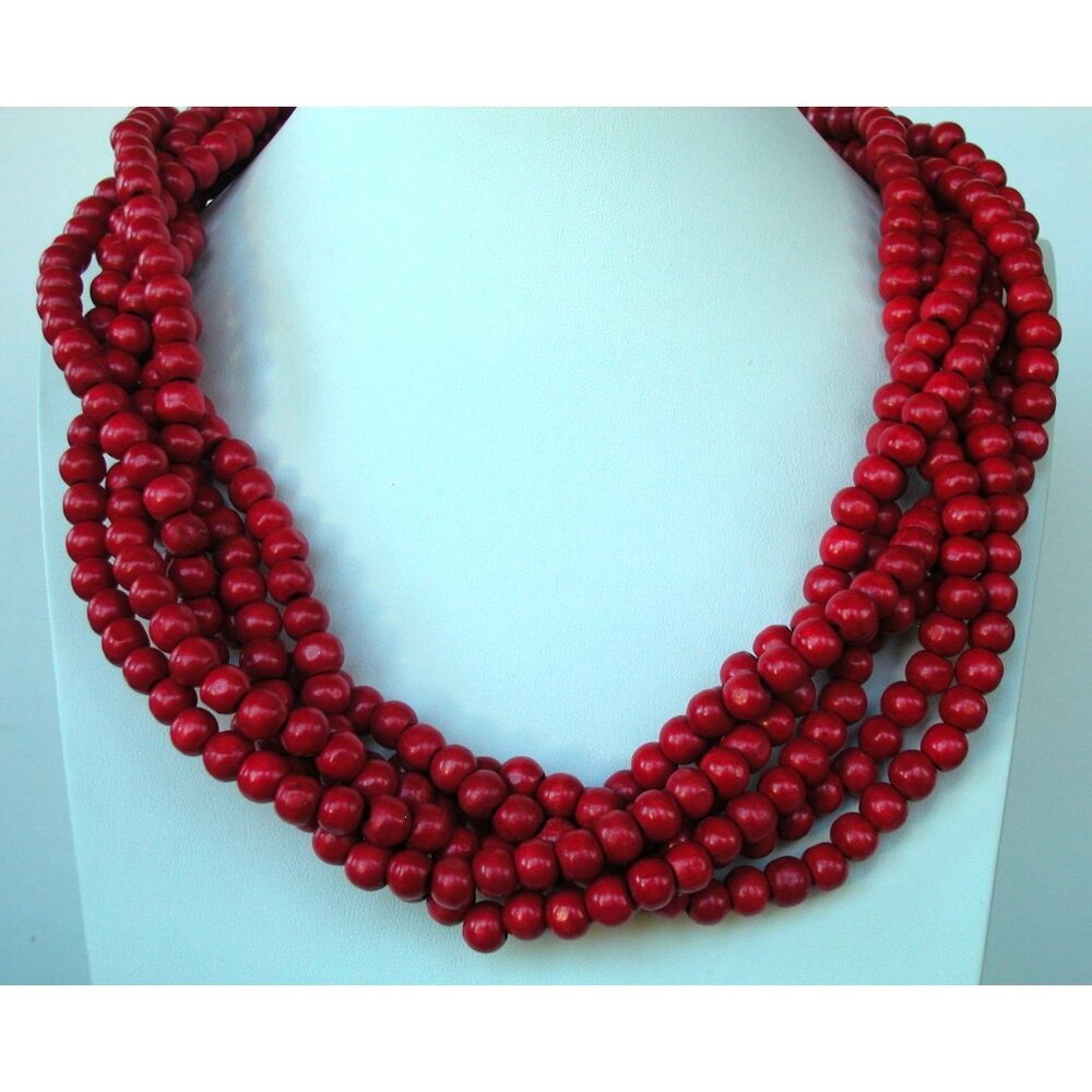 Handcrafted Red Wooden Beaded Multi-Strand Necklace 30" Length